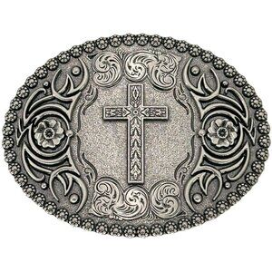 Etched Cross Silver Tone Oval Western Belt Buckle NWT